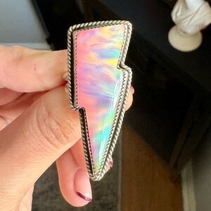 Light Pink Aurora Opal and Sterling Silver Bolt Ring, Size 8
